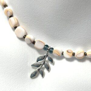 Natural Shell Beaded Short Necklace & Silver Leaf Branch Pendant